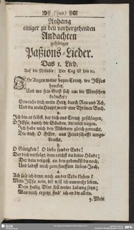 Anhang einiger zu den vorhergehenden Andachten gehöriger Paßions-Lieder