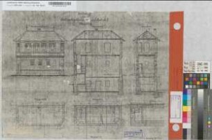 Entwurf zum Stellwerksgebäude "Mf" auf Bahnhof Marsberg: Ansicht, Grundriß, Schnitt, M. 1:50 Stnr.: 54, Hgs, Sknr.: 7, Fanr.: 5