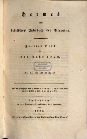 Hermes oder kritisches Jahrbuch der Literatur. 1820,2