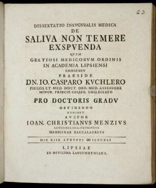 Dissertatio Inavgvralis Medica De Saliva Non Temere Exspvenda