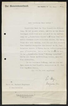 Brief von ... Meyer von Ober Salzbrunn / Bürgermeister an Gerhart Hauptmann