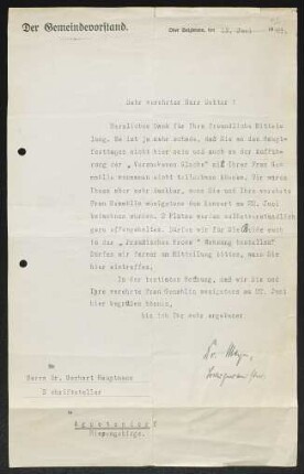 Brief von ... Meyer von Ober Salzbrunn / Bürgermeister an Gerhart Hauptmann