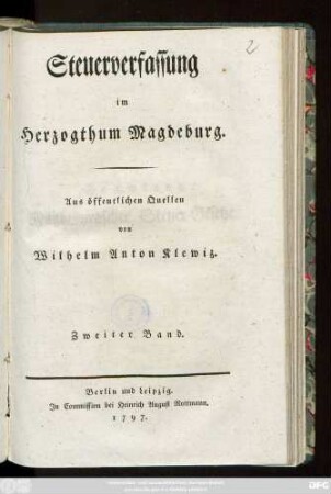 Bd. 2: Steuerverfassung im Herzogthum Magdeburg : Aus öffentlichen Quellen