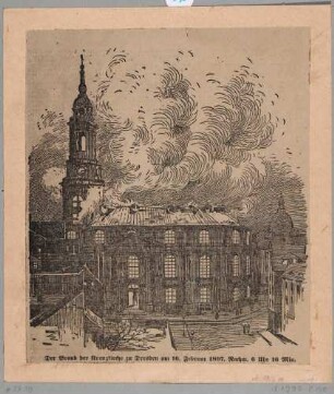 Die brennende Kreuzkirche in Dresden von Süden am 16. Februar 1897