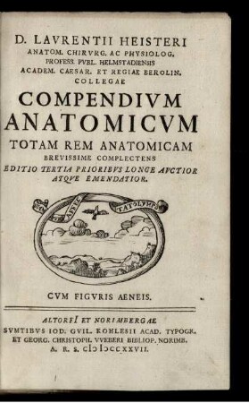D. Laurentii Heisteri Anatom. Chirurg. Ac Physiolog. Profess. Publ. Helmstadiensis Academ. Caesar. Et Regiae Berolin. Collegae Compendium Anatomicum Totam Rem Anatomicam Brevissime Complectens : Cum Figuris Aeneis