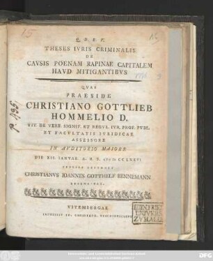 Theses Ivris Criminalis De Cavsis Poenam Rapinae Capitalem Havd Mitigantibvs