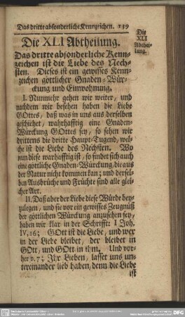 Die XLI Abtheilung. Das dritte absonderliche Kennzeichen ist die Liebe des Nechsten. Dieses ist ein gewisses Kennzeichen göttlicher Gnaden-Würckung und Einwohnung