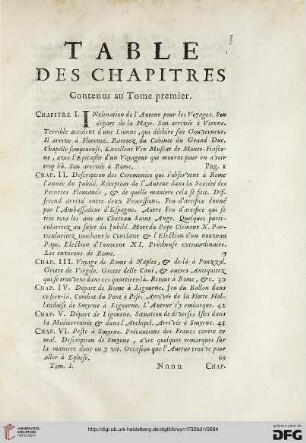 Table des chapitres contenus au tome premier