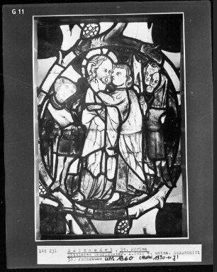 Mittleres Chorfenster mit Szenen aus dem Leben Jesu und Königs- und Prophetenreihe — Linke Fensterbahn mit Szenen aus Kindheit und Jugend Christi — Der Judaskuss