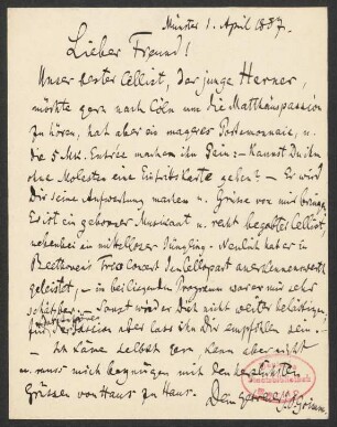 Briefkarte an Franz Wüllner : 01.04.1887