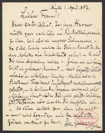 Briefkarte an Franz Wüllner : 01.04.1887