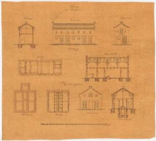 Lehrerseminar, Montabaur: Stallung: Grundriss, Aufriss Vorderseite, Aufriss Seitenfassade, Längsschnitt, Querschnitt; Appartement-Gebäude: Grundriss Fundamente, EG, Aufriss Seitenfassade, Querschnitt