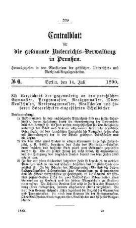 Verzeichnis der gegenwärtig an den preußischen Gymnasien, Progymnasien, Realgymnasien, Ober-Realschulen, Realprogymnasien, Realschulen und höheren Bürgerschulen eingeführten Schulbücher