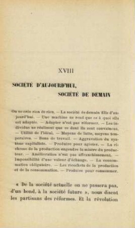 XVIII Société D'Aujourd'Hui, Société De Demain