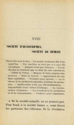 XVIII Société D'Aujourd'Hui, Société De Demain