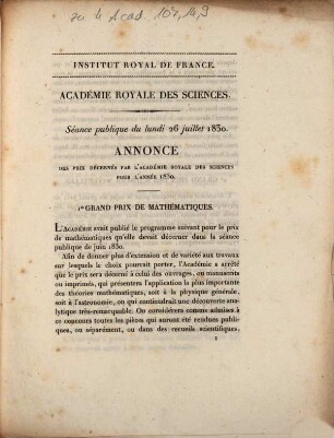 Académie Royale des Sciences. Séance publique du lundi 26 juillet 1830