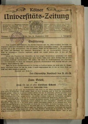 Kölner Universitäts-Zeitung / 1. Jahrgang 1919/20