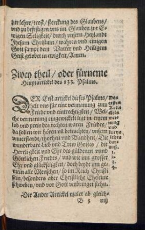 Zwey theil/ oder fürneme Heuptartickel des 133. Psalms.