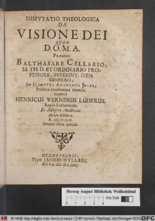 Disputatio Theologica De Visione Dei