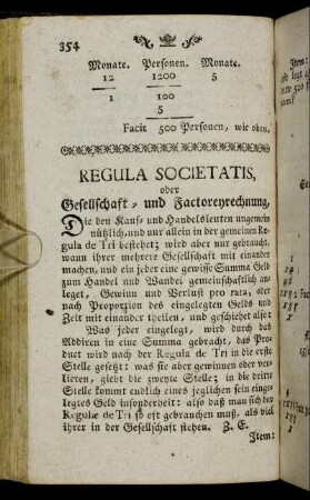 Regula Societatis, oder Gesellschaft- und Factoreyrechnung. - Die doppelte Regula Societatis.