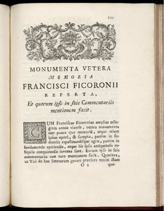 Monumenta Vetera Memoria Francisci Ficoronii Reperta, Et quorum ipse in suis Commentariis mentionem facit.