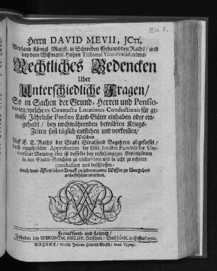 Herrn David Mevii ... Rechtliches Bedencken Uber Unterschiedliche Fragen ...