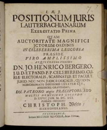 Positionum Iuris Lauterbachianarum Exercitatio ...