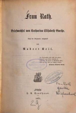 Frau Rath : Briefwechsel