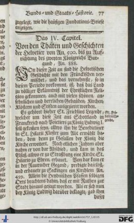 Das IV. Capitel. Von den Thaten und Geschichten der Helvetier von An. 500 bis zu Aufrichtung des zweyten Königreichs Burgund, An. 888.