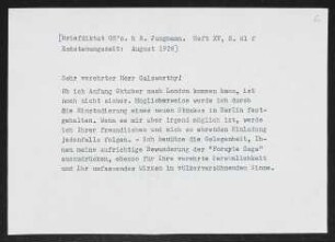 Brief von Gerhart Hauptmann an John Galsworthy
