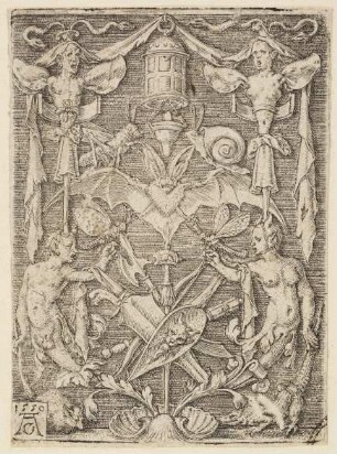 Ornamentstich mit einer Fledermaus und grotesken Figuren