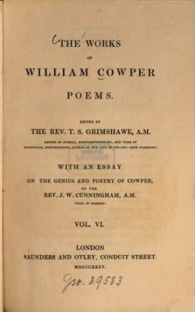 The works of William Cowper. Vol. 6, Poems : with an essay on the genius and poetry of Cowper