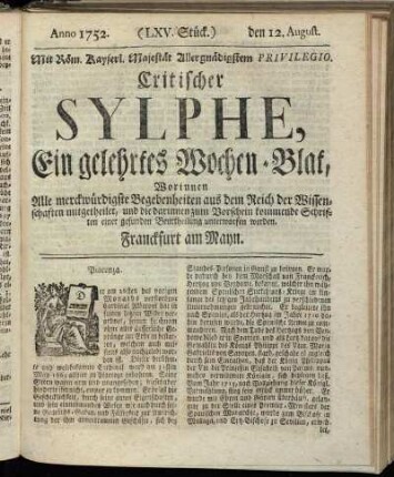 (LXV. Stück.) den 12. August. Anno 1752.