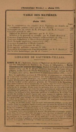 Table des matières. Juin 1885.