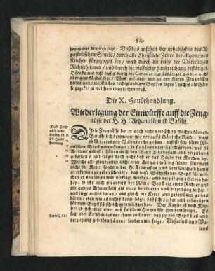 Die X. Haubthandlung. Wiederlegung der Einwürffe auff die zeugnüsse der H. H. Athanasii und Basilii.