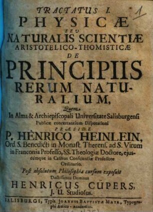 Tractatus I. Physicae seu Naturalis scientiae Aristotelico-Thomisticae de principiis rerum naturalium