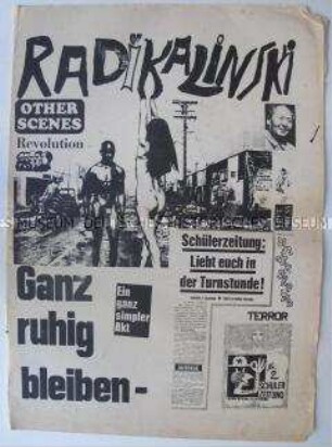 Linksradikale Schülerzeitung aus Berlin (West) "Radikalinski!" u.a. über Proteste von Eltern gegen die Verbreitung dieser Zeitung