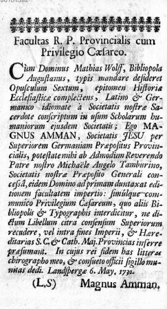 Facultas R. P. Provincialis cum Privilegio Caesareo [Privilegium Caesareum]