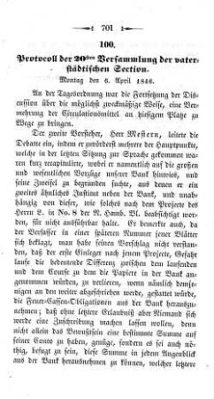 100. Protocoll der 20sten Versammlung der vaterstädtischen Section. : Montag den 6. April 1846.