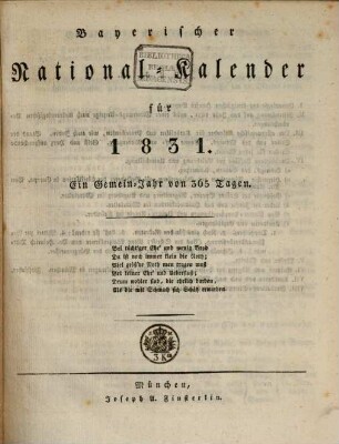 Bayerischer National-Kalender : für .... 1831, 1831