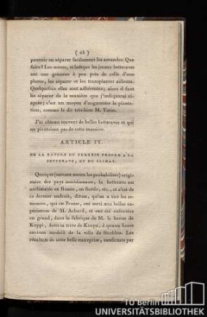 Art. IV. De la nature du terrein propre a la betterave, et du climat