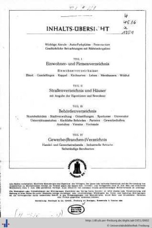 Inhaltsverzeichnis, wichtige Anrufe, Feuermelder.