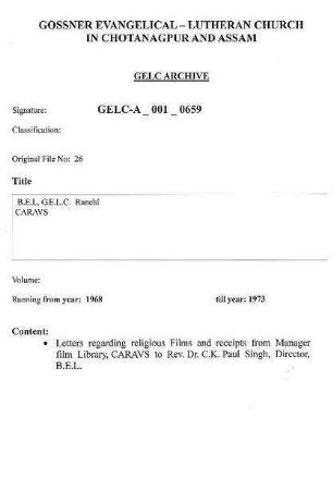 B.E.L, G.E.L.C, Ranchi- CARAVS