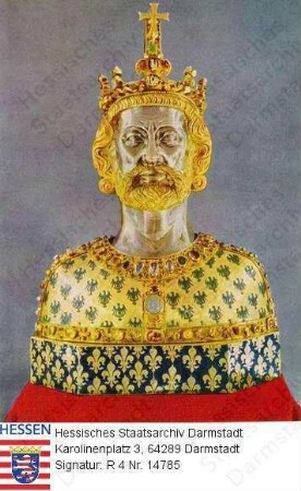 Karl der Große Kaiser Römisch-Deutsches Reich (747-814) / Reliquienbüste, im Kopf Schädeldecke Karls des Großen, geschmückt mit der Krone, die Karl IV. bis zur Krönung in Aachen 1349 getragen hat, Brustbild