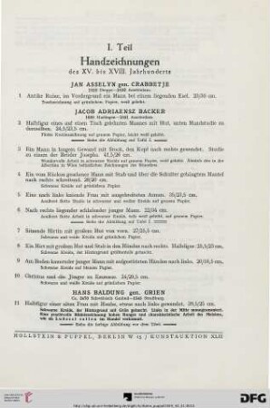 I. Teil: Handzeichnungen des XV. bis XVIII. Jahrhunderts (Nr. 1-139)