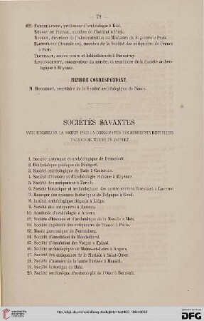 Sociétés savantes avec lesquelles la Société pour la conservatoin des monuments historiques d'Alsace se trouve en rapport
