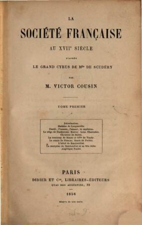La société française au XVIIe siècle : d'après le Grand Cyrus de Mlle de Scudéry. 1