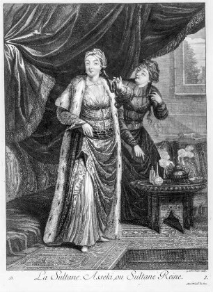 La Sultane Asseki, ou Sultane Reine : Scotin, Gérard Jean-Baptiste d. Ä. : La Sultane Asseki, ou Sultane Reine, Kupferstich, Radierung koloriert mit Wasserfarben, Gold, Glimmer; 357 x 248 mm. Dresden: Kupferstich-Kabinett B 1792, 3 Bl. 3