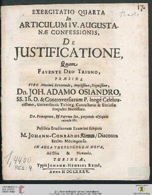 Band 4: Exercitatio Theologica ... In Articulum Augustanae Confessionis: De Justificatione