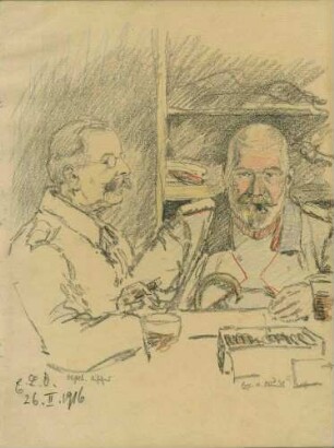 Oberstleutnant Vischer, Brustbild in Profil und Theodor von Wundt, späterer Generalleutnant, Brustbild, beide in Uniform über Eck an einem Tisch in einem Unterstand sitzend